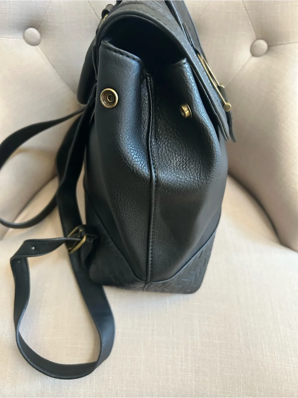 Darcy Marks Black Texture Leather Backpack with Gold Buckle